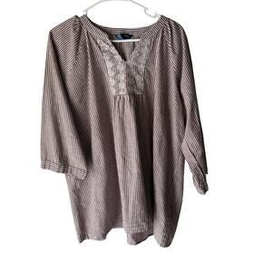 Weekend Tunic Top Womens 2X‎ Red White Striped Embroidered Cotton Boho Blouse